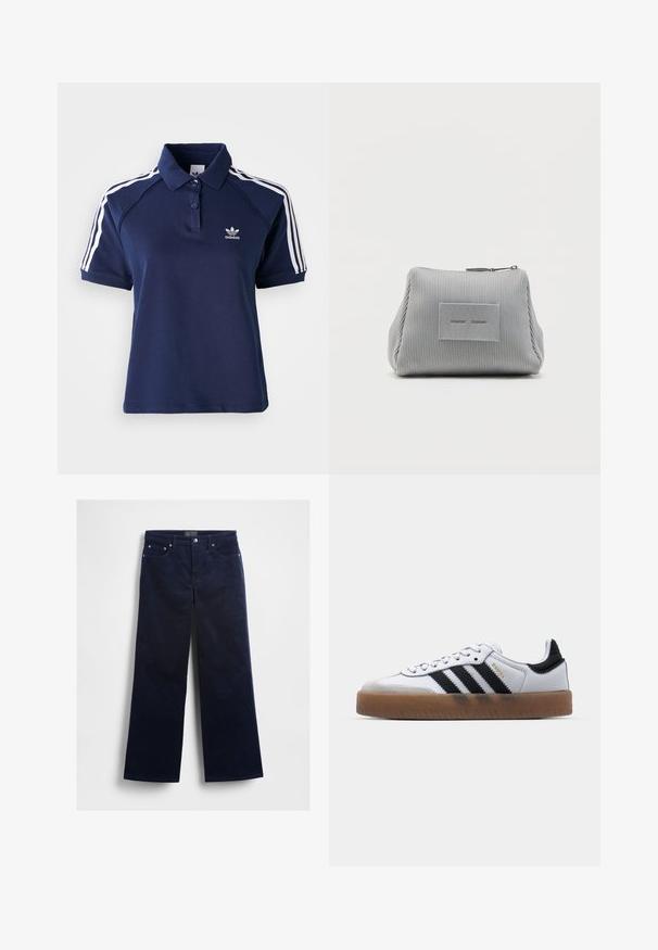 Navy Polohemd aus Baumwollmischung mit Kragen, drei Knöpfen und weißen Streifen an den Schultern; verfügt über ein gesticktes Logo.; Marineblaue Cordhosen mit weitem Bein, ausgestattet mit fünf Taschen und silberner Hardware. Glatte Textur mit dezenten vertikalen Rippen.; Weiße Leder Sneakers mit schwarzen Streifen, Gummigummi-Außensohle, runder Zehenform, Schnürverschluss und weichem grauem Wildleder-Zehenkappe.; Graue Rippstoff-Tasche mit Reißverschluss und einem rechteckigen, angenähten Etikett auf der Vorderseite, vor weißem Hintergrund.