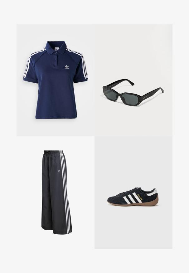 Navy Polohemd aus Baumwollmischung mit Kragen, drei Knöpfen und weißen Streifen an den Schultern; verfügt über ein gesticktes Logo.; Schwarze Sporthose aus leichtem Material, mit drei weißen vertikalen Streifen und einem elastischen Bund mit Kordelzug.; Schwarzer Veloursleder-Sneaker mit drei weißen Streifen, Gummisohle und einem kleinen goldenen Logo an der Seite. Verfügt über ein glattes schwarzes Innenfutter.; Schwarze Sonnenbrille mit rechteckigen Rahmen. Strukturierte Ränder, verziert mit kleinen klaren Kristallen. Dunkel getönte Gläser und glänzende Oberfläche.