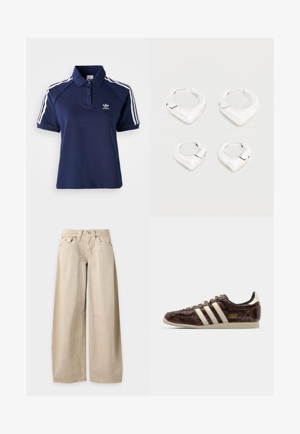 Marineblåt poloshirt lavet af en bomuldsblanding med krave, tre knapper og hvide striber langs skuldrene; har et broderet logo.; Beige jeans med vide ben, fem lommer og synlige sømme ved knæene, vist fladt mod en ensfarvet lysegrå baggrund.; adidas Originals JAPAN - Sneakers - preloved brown/cream white/core black; To par skinnende sølvøreringe med et karakteristisk spidst, V-formet design, vist på en hvid baggrund.