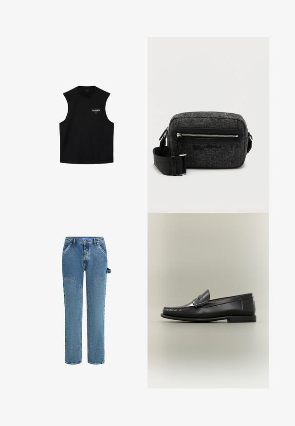 Schwarzes, ärmelloses Top mit Rundhalsausschnitt und "ALLSAINTS"-Logo sowie kleinem weißen Text auf der linken Brust.; Blaue Jeans aus Denim mit einem geraden Beindesign, versehen mit kontrastierenden Patches, zwei Fronttaschen und einem sichtbaren Schlaufen-Detail an der Seite.; Schwarzer Herren-Loafer aus Leder mit Mokassin-Zehennaht, Penny-Riemen und flachem Absatz vor neutralem Hintergrund.; Grau gefilzter Umhängetasche mit einer vorderen Reißverschlusstasche, schwarzem Logo und verstellbarem Tragegurt. Sie hat eine strukturierte rechteckige Form und glatte, metallicfarbene Hardware.