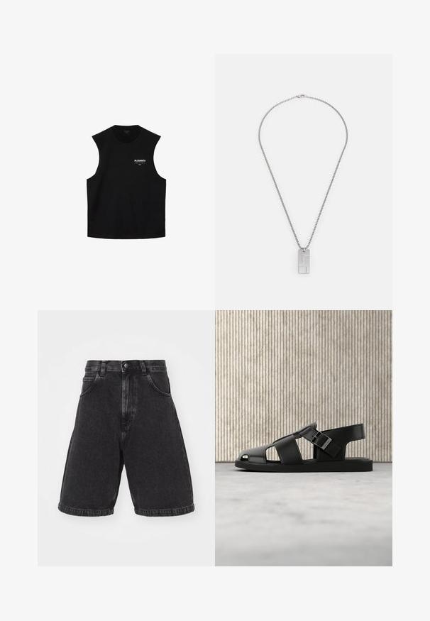 Schwarzes, ärmelloses Top mit Rundhalsausschnitt und "ALLSAINTS"-Logo sowie kleinem weißen Text auf der linken Brust.; Schwarze Denim-Shorts mit einem hoch taillierten Design, lockerer Passform und umgeschlagenem Saum. Verfügt über Fronttaschen und einen klassischen Knopfverschluss.; Schwarze Ledersandale mit Schnallenriemen, offenem Zehendesign, präsentiert auf beigem Teppich vor unscharfem braunem Möbelhintergrund.; Silberner Metallanhänger mit einem rechteckigen Charm, der eine strukturierte Oberfläche und ein Kettenglieddesign für Langlebigkeit aufweist.