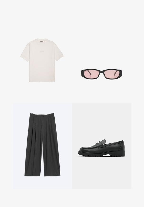 T-shirt blanc à manches courtes en coton doux, avec un logo de marque subtilement gaufré sur la poitrine et un col rond classique.; Pantalon gris foncé à jambes larges avec des fines rayures, plis à l’avant, passants de ceinture et fermeture par bouton, posé à plat sur un fond clair.; Mocassins en cuir noir à bout arrondi, avec un design cousu, une semelle plateforme basse et une semelle en caoutchouc texturée et crantée.; Lunettes de soleil rectangulaires noires avec des verres étroits teintés de rose reposant sur une surface blanche.