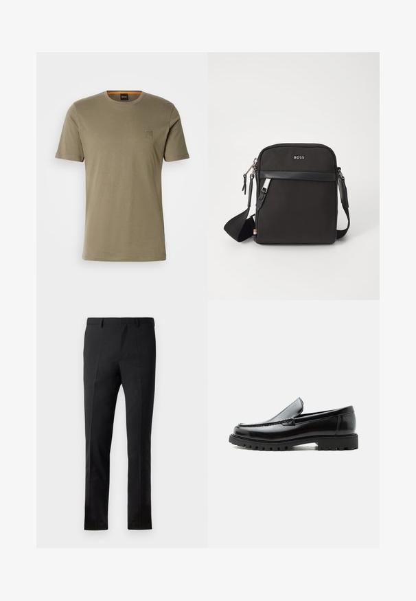 Olivegrünes Kurzarm-T-Shirt aus Baumwolle mit Rundhalsausschnitt und einem kleinen quadratischen Logopatch auf der linken Brust. Glatte Textur.; Schwarze Hose mit tailliertem Schnitt, flacher Vorderseite, zwei Falten, Gürtelschlaufen und glatter Textur. Keine sichtbaren Muster oder Metallteile.; Schwarzer Lederloafer mit grober Gummisohle, genähter Oberseite und geprägtem Markennamen an der Ferse, seitlich auf weißem Hintergrund gezeigt.; Schwarze Umhängetasche aus strukturiertem Stoff, mit Logo auf der Vorderseite, Reißverschluss und verstellbarem Tragegurt. Verfügt über eine glatte Lederbesatz.