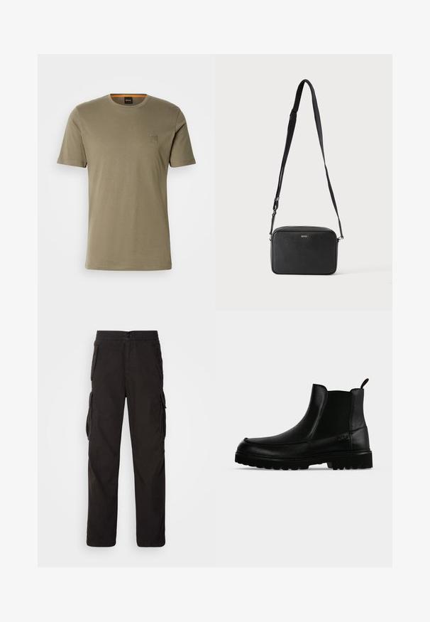 T-shirt vert olive à manches courtes en coton avec un col rond et un petit patch carré logo sur la poitrine gauche. Texture lisse.; Pantalons cargo noirs avec une coupe droite, une taille élastique, plusieurs poches latérales et un tissu texturé pour plus de durabilité.; Bottine noire en cuir avec semelle texturée, panneaux latéraux élastiques et languette de tirage sur fond gris clair.; Sac bandoulière rectangulaire noir avec sangle réglable et logo BOSS sur le devant, sur un fond clair uni.
