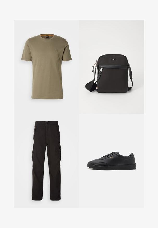 T-shirt vert olive à manches courtes en coton avec un col rond et un petit patch carré logo sur la poitrine gauche. Texture lisse.; Pantalons cargo noirs avec une coupe droite, une taille élastique, plusieurs poches latérales et un tissu texturé pour plus de durabilité.; Baskets en cuir noir avec une texture lisse, bout rond, semelle en caoutchouc plate et lacets ton sur ton. Présente une marque "BOSS" dorée sur le côté.; Sac bandoulière noir en tissu texturé, avec un logo sur le devant, fermeture éclair et une bandoulière réglable. Finitions en cuir lisse.