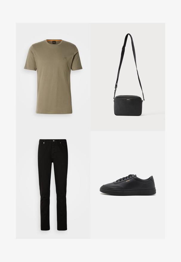 Olijfgroene T-shirt met korte mouwen van katoen, met een ronde hals en een klein vierkant logo-opbroekje op de linkerkant van de borst. Soepele textuur.; Zwarte denimbroek met een slim fit, voorzien van een ritssluiting en een vijf-pocket ontwerp. Soepele textuur en stevige stikseldetails.; Zwarte leren sneakers met een gladde textuur, ronde neus, platte rubberen zool en tonale veters. Kenmerkt zich door de gouden "BOSS" branding aan de zijkant.; Zwarte rechthoekige crossbodytas met verstelbare band en BOSS-logo aan de voorkant, tegen een effen lichte achtergrond.