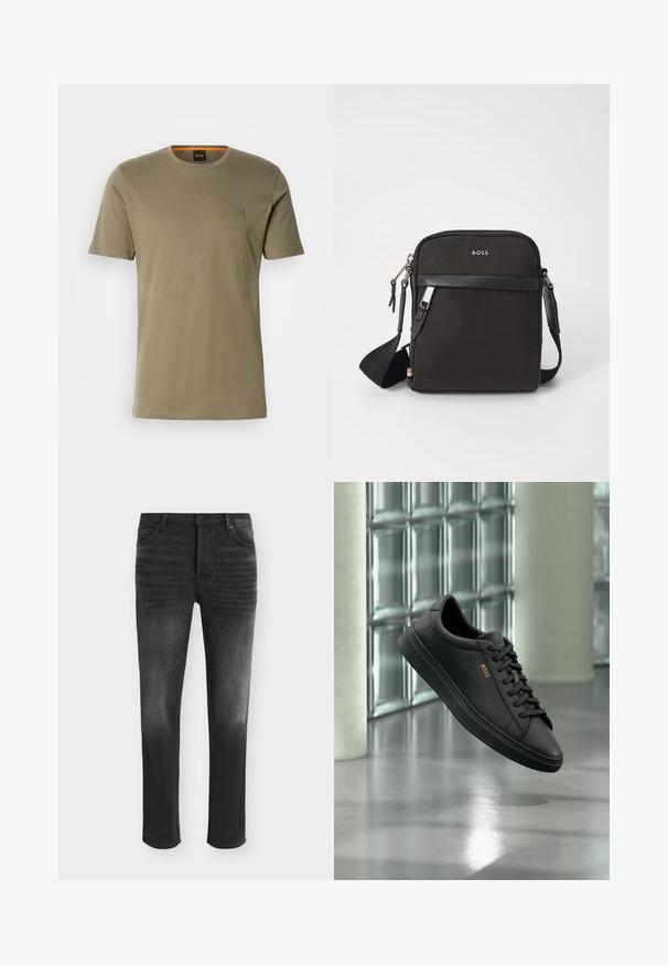 Olivegrünes Kurzarm-T-Shirt aus Baumwolle mit Rundhalsausschnitt und einem kleinen quadratischen Logopatch auf der linken Brust. Glatte Textur.; Schwarze Skinny-Jeans mit ausgebleichten Details, Fünf-Taschen-Stil und Knopfverschluss in der Taille.; Schwarzer flacher Ledersneaker mit schwarzen Schnürsenkeln und goldenem BOSS-Logo an der Seite, schwebend über einem glänzenden grauen Boden in einem modernen Innenraum.; Schwarze Umhängetasche aus strukturiertem Stoff, mit Logo auf der Vorderseite, Reißverschluss und verstellbarem Tragegurt. Verfügt über eine glatte Lederbesatz.