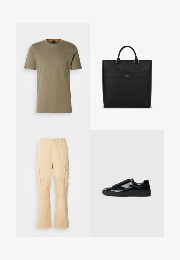Olivegrünes Kurzarm-T-Shirt aus Baumwolle mit Rundhalsausschnitt und einem kleinen quadratischen Logopatch auf der linken Brust. Glatte Textur.; Beige Cargo-Hosen aus leichtem Stoff, mit Seitentaschen, geradem Bein und verstärkten Nähten.; Schwarze Lackledersneaker mit runder Zehenform, Schnürdesign, strukturiertem Gummisohle und glatter Oberfläche.; Schwarze Ledertasche im strukturierten rechteckigen Design, mit zwei oberen Griffen, silbernen Akzenten und einer Fronttasche mit einem Logo.
