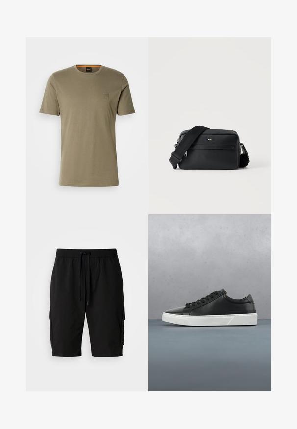 Olivegrünes Kurzarm-T-Shirt aus Baumwolle mit Rundhalsausschnitt und einem kleinen quadratischen Logopatch auf der linken Brust. Glatte Textur.; Schwarze Cargo-Shorts aus leichtem Material, mit elastischem Bund, Kordelzug und seitlichen Cargo-Taschen für zusätzlichen Stauraum.; Schwarze Leder-Sneaker mit runder Zehenpartie, strukturiertem Obermaterial, weißer Gummisohle und schwarzen Schnürsenkeln. Minimalistisches Design mit schlankem Profil.; Schwarze, strukturierte Leder-Crossbody-Tasche mit vorderer Reißverschlusstasche und verstellbarem breitem Stoff-Schulterriemen auf weißem Hintergrund.