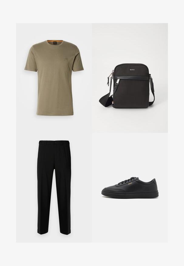 Olivegrünes Kurzarm-T-Shirt aus Baumwolle mit Rundhalsausschnitt und einem kleinen quadratischen Logopatch auf der linken Brust. Glatte Textur.; Schwarze Hosen aus glattem Stoff, mit geradem Schnitt, zwei vorderen Taschen und einem Reißverschluss mit Knopfverschluss.; Schwarze Leder-Sneaker mit glatter Textur, runder Zehenpartie, flacher Gummisohle und einfarbigen Schnürsenkeln. Mit goldfarbenem "BOSS" Logo an der Seite.; Schwarze Umhängetasche aus strukturiertem Stoff, mit Logo auf der Vorderseite, Reißverschluss und verstellbarem Tragegurt. Verfügt über eine glatte Lederbesatz.