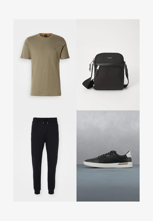 Olivengrøn T-shirt med korte ærmer lavet af bomuld, med rund hals og et lille firkantet logo på venstre bryst. Glat tekstur.; Sorte sweatpants lavet af blødt stof, med elastisk talje og snøre, sidelommer og afsluttende tætsiddende manchetter ved anklerne.; Sort lædersneaker med hvid sål, har perforeringer, snørebåndsdesign, logo på siden og kontrasterende hældetalje i hvid og brun.; Sort crossbody taske med et struktureret stof, logo på fronten, lynlås lukning og justerbar rem. Har en glat læderkant.