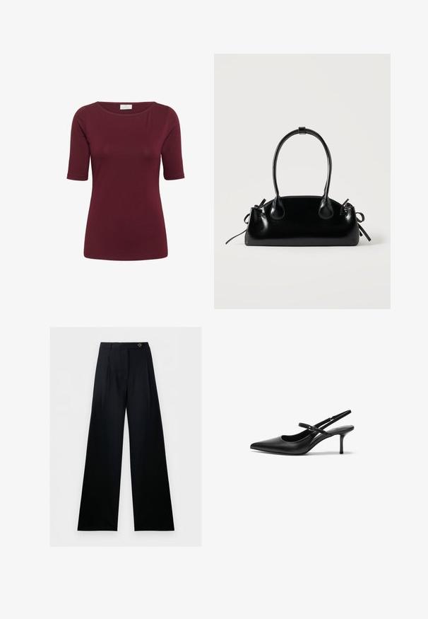 Kaffe KAYOKO BOATNECK - T-shirt basique - zinfandel; Pantalon noir à jambes larges, taille haute, fermeture boutonnée à l’avant, avec passants de ceinture, présenté sur fond blanc.; Talons aiguilles noires en cuir avec un bout pointu, une fine bride réglable, et un talon aiguille d'environ 5 cm, texture lisse.; Petit sac à main noir brillant avec deux longues anses et des détails à cordon sur les côtés sur un fond clair uni.