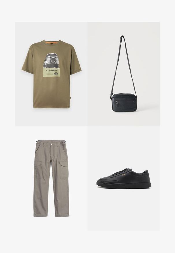 Grøn bomulds T-shirt med korte ærmer, der har et grafisk tryk af et køretøj og teksten "ALL-TERRAIN" på et firkantet mærke.; Cargo bukser i lysegrå stof, med to store sidelommer, frontlommer, knappelukning og en løs pasform.; Sorte lædersneakers med en glat overflade, rund tå, flad gummisål og tonede snørebånd. Udstyret med guld "BOSS" branding på siden.; Sort crossbody taske med en frontlynlåslomme, tekstureret overflade og justerbar strop, der hænger mod en ensartet lys baggrund.