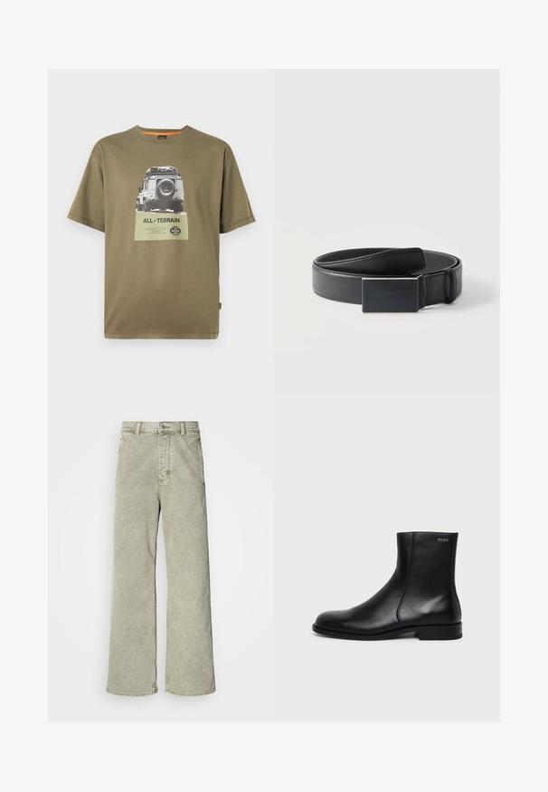 Grøn bomulds T-shirt med korte ærmer, der har et grafisk tryk af et køretøj og teksten "ALL-TERRAIN" på et firkantet mærke.; Lys grøn brede jeans med høj talje, lavet af denim, med knaplukning og klassisk fem-lommer design.; Sort læderankelstøvle med lav hæl, sidesyning og lille "HUGO" logo på den øverste manchet mod en ensfarvet baggrund.; Sort læderbælte, snoet med en rektangulær mat sort spænde og diskret præget logo på hvid baggrund.