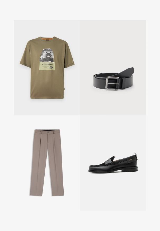 Grøn bomulds T-shirt med korte ærmer, der har et grafisk tryk af et køretøj og teksten "ALL-TERRAIN" på et firkantet mærke.; Lysebrune herrebukser med bæltestropper, plisseringer, knaplukning foran og lynlås, lagt fladt på en hvid baggrund.; Sort læderloafer med grå remdetalje, lav hæl og tekstureret sål, mærket med "HUGO" i guld på siden.; Sort læderbælte snoet med sølvfarvet rektangulært metalspænde graveret med "BOSS" på en lysegrå baggrund.
