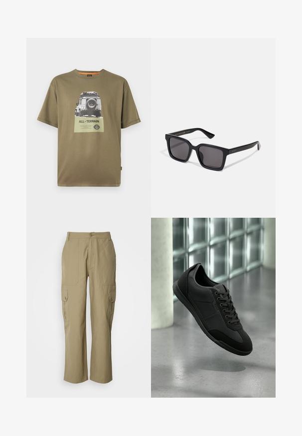 Grünes Baumwoll-T-Shirt mit kurzen Ärmeln, das einen grafischen Aufdruck eines Fahrzeugs und den Text "ALL-TERRAIN" auf einem quadratischen Patch zeigt.; Beige Cargo-Hose aus leichtem Stoff, mit zwei Seitentaschen, einem Knopfverschluss und geradem Bein.; Schwarzer Sneaker mit flachem Schaft und Schnürsenkeln, mit der Marke "BOSS", schwebend vor einem grauen Boden und einer Wand aus Glasbausteinen.; Schwarze quadratische Sonnenbrille mit dunklen Gläsern. Das Gestell hat eine matte Oberfläche mit goldener "GUCCI"-Markierung am Bügel. Robuste Bauweise mit kantigen Kanten.