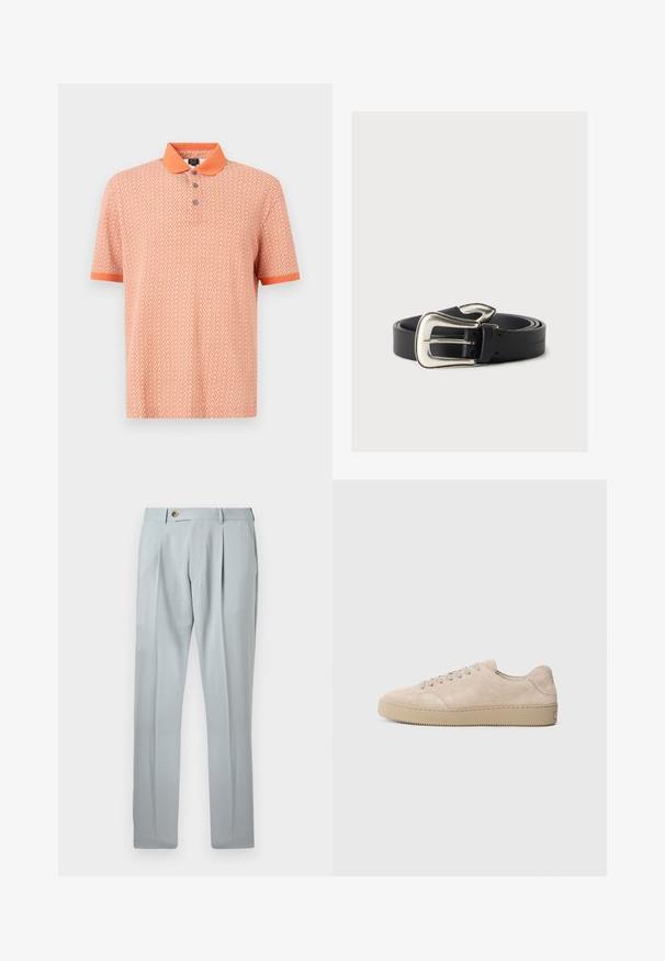 Polo à manches courtes en orange, avec un motif géométrique et un col contrastant. Plastron à trois boutons et poignets unis.; Pantalon de costume plissé gris clair avec fermeture à bouton et zip, passants pour ceinture et jambes droites.; Baskets en daim beige avec un bout rond, des lacets plats et une semelle en caoutchouc texturé. Design minimaliste avec des bords lisses et des coutures discrètes.; Ceinture en cuir noir avec une grande boucle argentée de style western, enroulée sur un fond neutre.