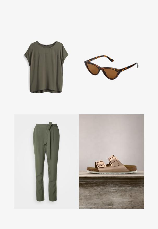 Olijf groene blouse met korte mouwen, een ronde halslijn, een gladde textuur en een iets langere achterzoom. Eenvoudig ontwerp, casual pasvorm.; Olijfgroene broeken van gladde stof, met een gestrikte riem in de taille, rechte pijpen en zijzakken voor een getailleerde look.; Roze-gouden slidersandalen met twee verstelbare metalen gespen, kurken voetbed en witte rubberen zool. Gladde metalen afwerking, open teen ontwerp.; Cat-eye zonnebril met een zwart en oranje schildpadframe, bruine lenzen en slanke, puntige uiteinden. Bevat een minimalistisch logo op de poot.