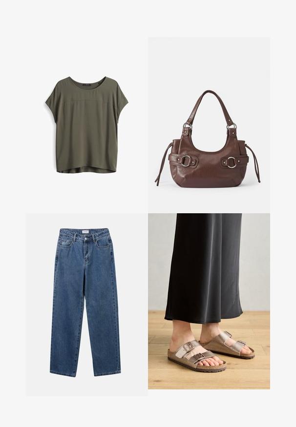 Olijf groene blouse met korte mouwen, een ronde halslijn, een gladde textuur en een iets langere achterzoom. Eenvoudig ontwerp, casual pasvorm.; Klassieke blauwe denim jeans met een rechte pijp, vijf zakken en een knoopsluiting. Heeft een middelgrote wasbeurt en stevige textuur.; Bruine leren instapsandalen met twee verstelbare banden en metalen gespen, op een kurken zool, gecombineerd met zwarte wijdlopende broek.; Bruine leren handtas met ronde vorm, zilveren hardware, twee zijriemen en een gladde textuur. Beschikt over een enkele handgreep aan de bovenkant.