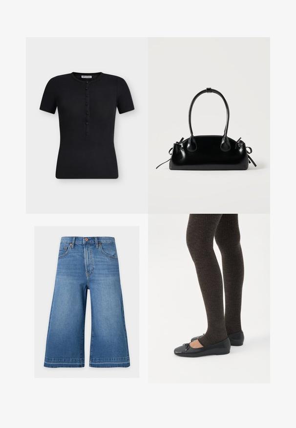 Chemise noire à manches courtes côtelée avec un col rond et une rangée verticale de boutons au centre devant.; Short en denim bleu longueur genou avec poches avant et fermeture à boutons sur un fond uni clair.; Jambes portant des leggings côtelés foncés associés à des ballerines noires avec de petits détails en nœud sur fond blanc.; Petit sac à main noir brillant avec deux longues anses et des détails à cordon sur les côtés sur un fond clair uni.