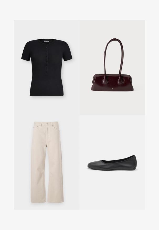 Chemise noire à manches courtes côtelée avec un col rond et une rangée verticale de boutons au centre devant.; Jeans beige à jambes larges en coton, avec une taille haute, deux poches avant et une fermeture à bouton en métal.; Ballerines en cuir noir avec un bout rond, texture lisse, détails de couture minimalistes et design de semelle flexible.; Sac à main en cuir brun foncé brillant avec de longues anses fines et une base rectangulaire structurée sur un fond clair uni.