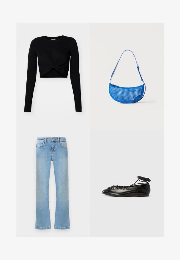 Sort cropped langærmet top lavet af blødt stof, med et snoet frontdesign og en rund halsudskæring, samt tætsiddende ærmer.; Lyseblå denimjeans med let whiskering, klassisk design med fem lommer, knaplukning og straight-leg snit.; Sorte balletflade sko i laklæder med rundet tå, snørelukning og flad sål. Glat tekstur med få detaljer.; Blå net skuldertaske med justerbar rem og lynlåslukning, vist mod en ensfarvet hvid baggrund.