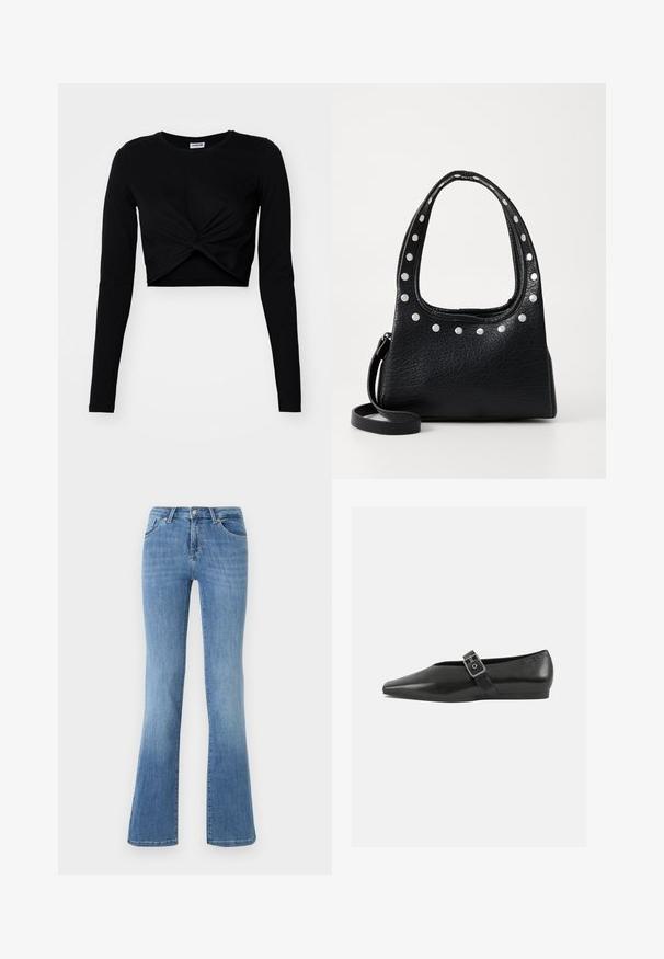 Sort cropped langærmet top lavet af blødt stof, med et snoet frontdesign og en rund halsudskæring, samt tætsiddende ærmer.; Lysblå flagrende jeans lavet af denim, med fem lommer, frontlynlås og knaplukning. Afbleget mønster på lårene og kanten.; Sorte læder flade sko med spidse tæer, prydet med en metallisk spænde over vristen og en lav, fleksibel sål.; Sort struktureret lædertaske med sølvnitter langs den øverste kant og håndtagene, der har et kort håndtag og en aftagelig strop.
