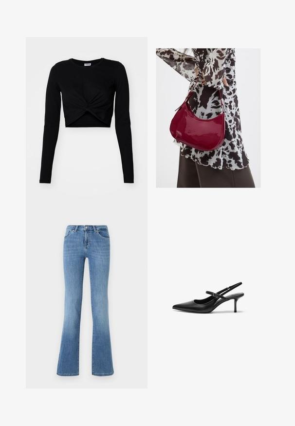 Sort cropped langærmet top lavet af blødt stof, med et snoet frontdesign og en rund halsudskæring, samt tætsiddende ærmer.; Lysblå flagrende jeans lavet af denim, med fem lommer, frontlynlås og knaplukning. Afbleget mønster på lårene og kanten.; Sorte læder slingback hæle med spids tå, slank justerbar rem og en stiletto hæl på cirka 5 cm, glat tekstur.; Kvinde iført en sort- og hvidmønstret bluse, der holder en blank rød skuldertaske mod en ensfarvet baggrund.