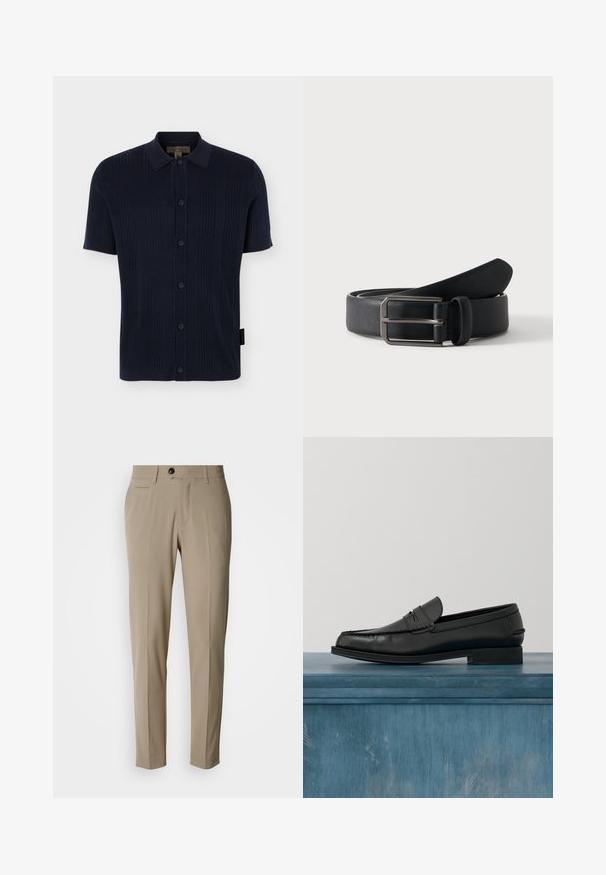 Chemise en maille bleu marine à manches courtes avec texture côtelée verticale, patte de boutonnage devant et col classique.; Pantalons beige sur mesure avec un devant plat, des poches latérales, des passants pour ceinture et une fermeture à un seul bouton noir. Texture de tissu lisse.; Mocassins noirs en cuir avec un design élégant, comportant un bout cousu et une finition lisse. La chaussure possède un talon bas et un minimum de détails.; Ceinture en cuir noir roulée avec une boucle métallique argentée rectangulaire sur un fond clair uni.