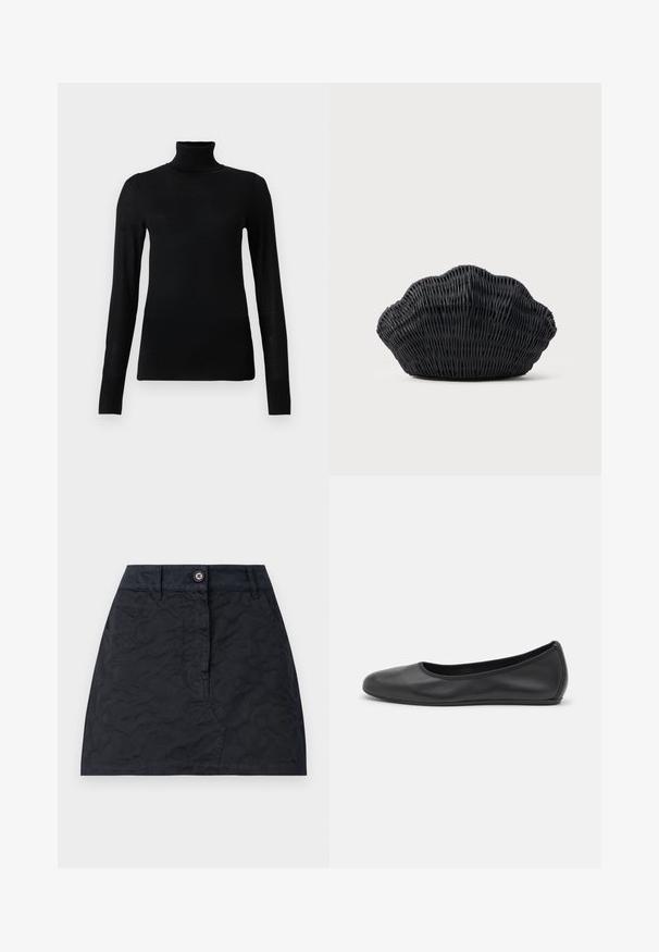 Sort turtleneck sweater lavet af blødt, letvægtsmateriale. Har lange ærmer og en tætsiddende stil med høj krave.; Sort nederdel med et struktureret mønster, der har en frontknaplukning, to lommer og en skræddersyet pasform. Fremstillet af slidstærkt stof.; Sort læderballetsko med rund tå, glat tekstur, minimal syning og et fleksibelt såldesign.; Sort flet håndtaske formet som en muslingeskal med en buet top og flettet tekstur på en ensfarvet baggrund.