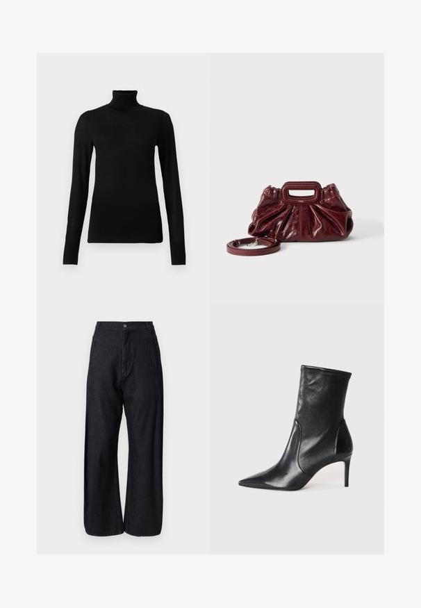 Čierny rolák vyrobený z mäkkého, ľahkého materiálu. Má dlhé rukávy a priliehavý strih s vysokým golierom.; Henrik Vibskov SHADE PANTS - Široké nohavice - dark denim; Čierne kotníkové topánky vyrobené z hladkej kože, s špicatou špičkou, priliehavým zvrškom aúzkym vysokým podpätkom. Minimalistický dizajn bez viditeľného kovania.; Malá tmavočervená kožená kabelka so zhromaždenou textúrou, obdĺžnikovým výrezom na rukoväti a odnímateľným ramenným popruhom na bielom pozadí.