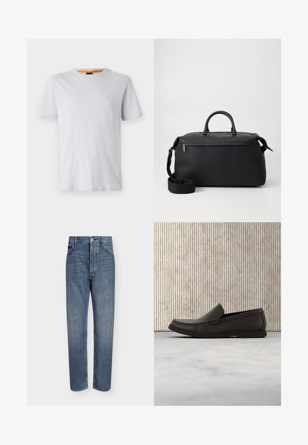 Lys grå kortærmet t-shirt lavet af bomuld, med et lille logo-patch på brystet og en kontrasterende orange detalje ved halsudskæringen.; Straight-leg blå denim jeans med høj talje, frontknaplukning og fem-lomme design på en ensartet lys baggrund.; Mørkebrun læderloafers med en rund tå, diskrete syninger og en lav gummisål. Glat tekstur med en fleksibel pasform.; Sort læder duffel taske med to top hanke, en aftagelig skulderrem og en lynlåslomme foran til ekstra opbevaring.