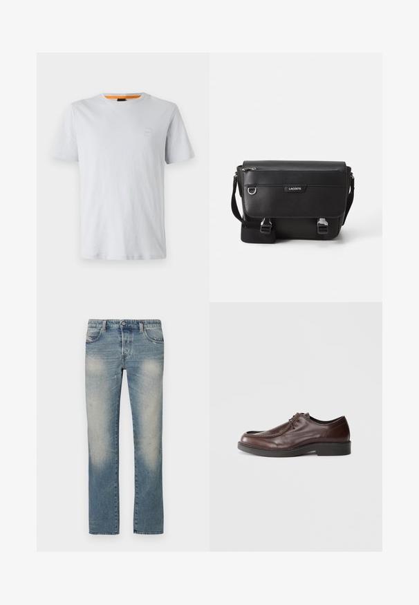 Lys grå kortærmet t-shirt lavet af bomuld, med et lille logo-patch på brystet og en kontrasterende orange detalje ved halsudskæringen.; Lyseblå denim jeans med lige ben, falmede områder, fem lommer og knaplukning. Stoffet viser let slid og brugsmærker.; Brune lædersko med rund tå, minimal syning og en solid sort sål. Har snørelukning og en glat overflade.; Sort tekstureret Lacoste messengertaske med justerbar rem, frontklap, lynlås lomme og metalspænder.