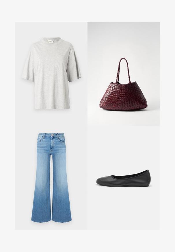 T-shirt en coton gris avec un col rond, des manches courtes et une poche sur le côté gauche de la poitrine. Comprend une petite étiquette sur la couture latérale.; Jean en denim clair avec une coupe évasée, taille haute, deux poches avant et un ourlet brut en bas.; Ballerines en cuir noir avec un bout rond, texture lisse, détails de couture minimalistes et design de semelle flexible.; DRAGON DIFFUSION SANTA CROCE BIG - Sac à main - bordo
