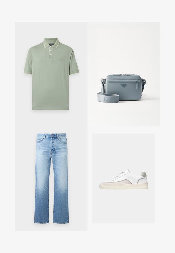 Polo à manches courtes vert clair avec trois boutons blancs, bordure de col blanche et petit logo Armani Exchange sur la poitrine.; Jean en denim bleu clair avec coupe droite, design à cinq poches, fermeture par bouton et légère décoloration sur les cuisses et les genoux.; Baskets basses blanches avec des touches de daim beige, des finitions grises, des lacets blancs et une semelle épaisse en caoutchouc blanc cassé, vues de côté sur un fond clair.; Sac à bandoulière structuré bleu en matériau texturé, avec une fermeture éclair, une poche avant et une sangle réglable arborant le logo "EMPOR".