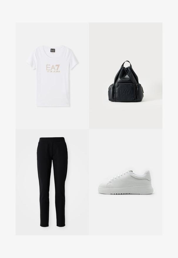 Weißes Baumwoll-T-Shirt mit Rundhalsausschnitt, versehen mit einem goldfarbenen Strass-Logo "EA7 EMPORIO ARMANI", das zentral auf der Vorderseite platziert ist.; Schwarze Sporthosen mit einer taillierten Passform, elastischem Bund und seitlichen Taschen, die ein dezentes Logodesign am linken Bein aufweisen.; Weiße Sneaker mit einem Obermaterial aus strukturiertem Leder, runder Zehenpartie und Schnürdesign. Dicke weiße Gummisohle mit strukturiertem Griffmuster.; Schwarzer Leder-Rucksack mit Kordelzug, mit vorderen und seitlichen Reißverschlusstaschen, mit geprägt "EA7 Emporio Armani" Logo auf der Vorderseite.