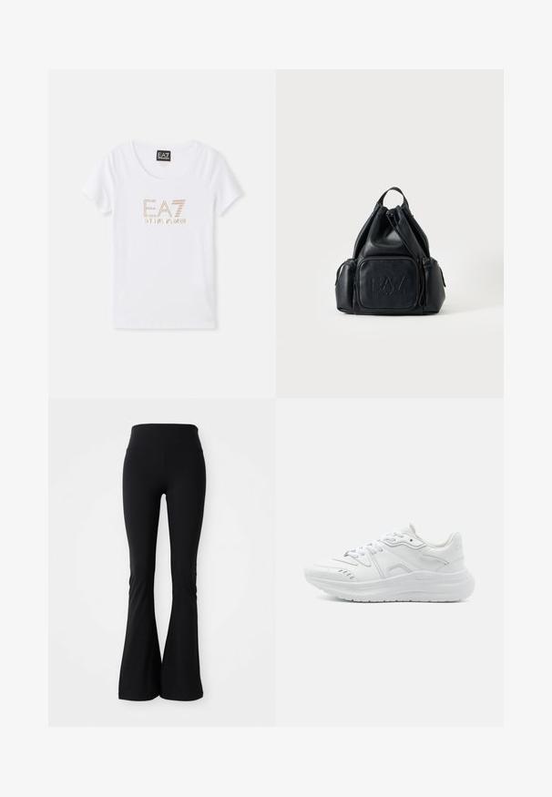 T-shirt en coton blanc avec un col rond, arborant un logo en strass doré "EA7 EMPORIO ARMANI" centré sur le devant.; Leggings évasés noirs fabriqués en matériau extensible, dotés d'une taille haute et d'une texture lisse. Aucun motif ou quincaillerie visible.; Baskets de sport blanches avec une tige en cuir lisse, semelle rembourrée, bout arrondi et design minimaliste. Présente des lacets et des accents subtils.; Sac à dos en cuir noir avec cordon, poches zippées à l'avant et sur le côté, avec logo "EA7 Emporio Armani" embossé sur la poche avant.