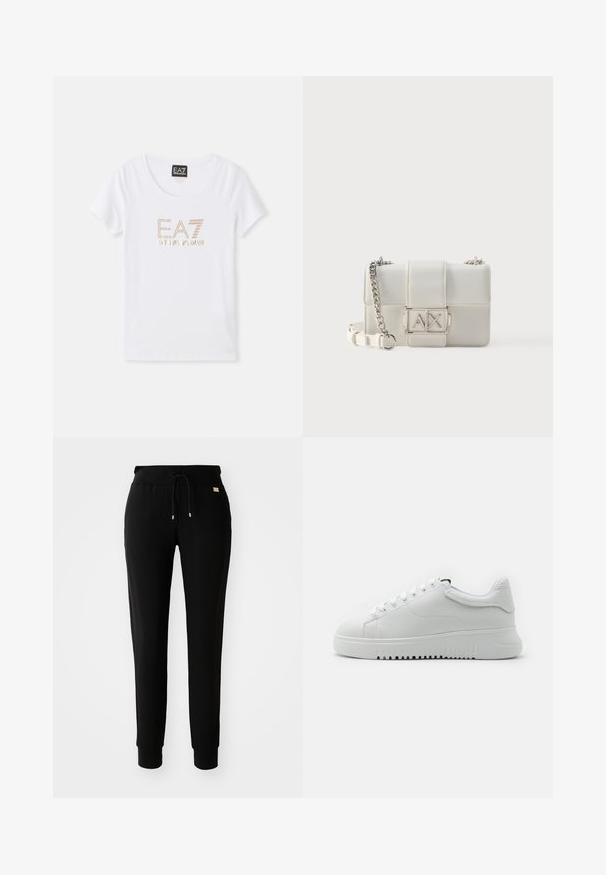 T-shirt en coton blanc avec un col rond, arborant un logo en strass doré "EA7 EMPORIO ARMANI" centré sur le devant.; Pantalons de survêtement noirs fuselés avec taille élastique à cordon de serrage et chevilles côtelées, présentés sur un fond blanc uni.; Baskets blanches avec une tige en cuir texturé, bout rond et lacets. Semelle en caoutchouc blanc épaisse avec un motif de traction texturé.; Sac bandoulière en cuir blanc avec une bandoulière chaîne argentée et une boucle logo "AX" argentée proéminente sur le rabat avant.