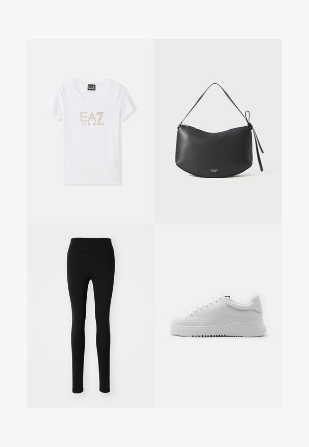 Biela bavlnená tričko s okrúhlym výstrihom, na prednej strane sa nachádza centrálny logo "EA7 EMPORIO ARMANI" zlatým tónovaným kamienkom.; Čierne legíny vyrobené z elastického materiálu, s vysokým pásom a diskrétnym logom s rhinestone na ľavej strane.; Biele tenisky s texturovaným koženým zvrškom, okrúlymi špičkami a viazaním. Hrubá biela gumová podrážka s textúrovaným gripovým vzorom.; Čierna kožená ramenná taška s zakriveným tvarom, zipsovým uzáverom a uzlíkovým popruhom. Na prednej strane má nenápadné logo. Hladká textúra.