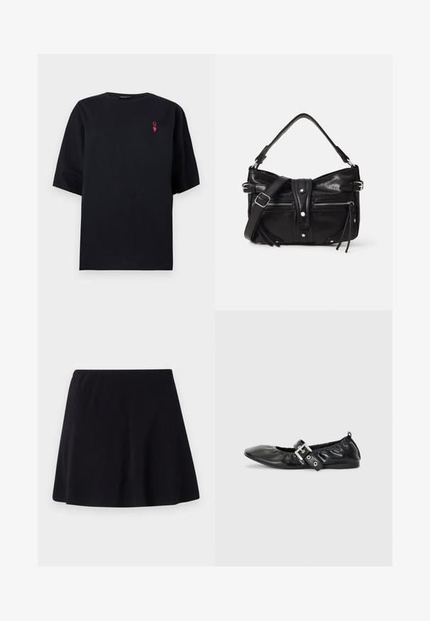 T-shirt noir oversize à manches courtes avec un petit "Q" rouge et un symbole de cœur sur la partie supérieure gauche de la poitrine.; Jupe noire, longueur au-dessus du genou, fabriquée dans un tissu léger avec une texture subtile, dotée d'un design évasé et d'une ceinture élastique.; Chaussure plate en cuir noir avec un nez pointu, des détails froncés autour de l'ouverture et un accent en boucle argentée sur la bride ajustable.; Even&Odd H24462 - Sac à main - black