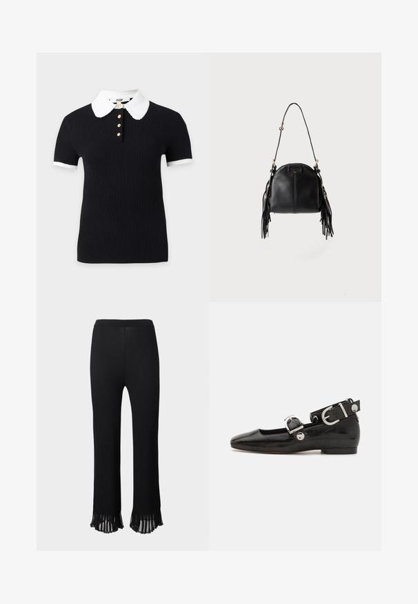 Haut noir côtelé à manches courtes avec col et poignets festonnés blancs, orné de quatre boutons dorés sur le devant de l'encolure.; Pantalon noir côtelé droit avec ourlets évasés plissés et taille élastique, présenté sur un fond uni.; Ballerine en cuir verni noir avec un bout carré, sangle de cheville avec des détails en métal argenté et semelle plate. Texture lisse avec un design minimaliste.; Sac à main en cuir noir avec une forme courbée, une longue bandoulière réglable et des franges de chaque côté sur un fond clair.