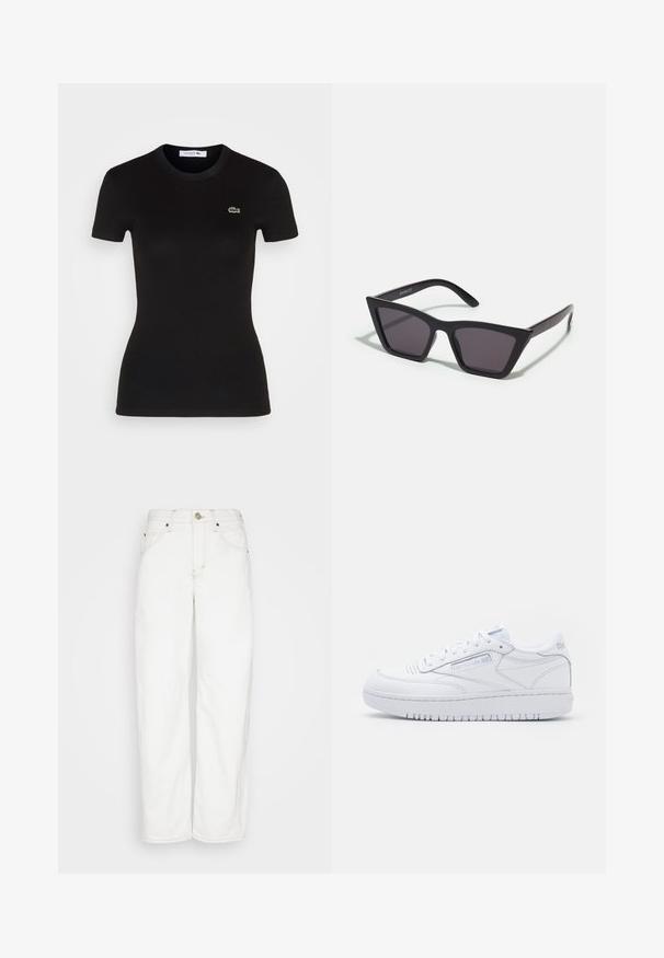 Must mustriba lühikeste varrukatega T-särk, ümarate kaelustega, millel on vasakul rinnal väike roheline Lacoste krokodilli logo.; BDG Urban Outfitters LOGAN CINCH - Sirgete säärtega teksad - white; Valge nahkne madalatel tossud, millel on perforeeritud varvas, paeltega disain, pehmendusega kaelus ja paks kummitald. Kerged brändingud külgedel.; Mustad mustrakellad, millel on hallid šabloonid; valmistatud plastist, paksude ja siledate kätega, ilma nähtava riistvarata.