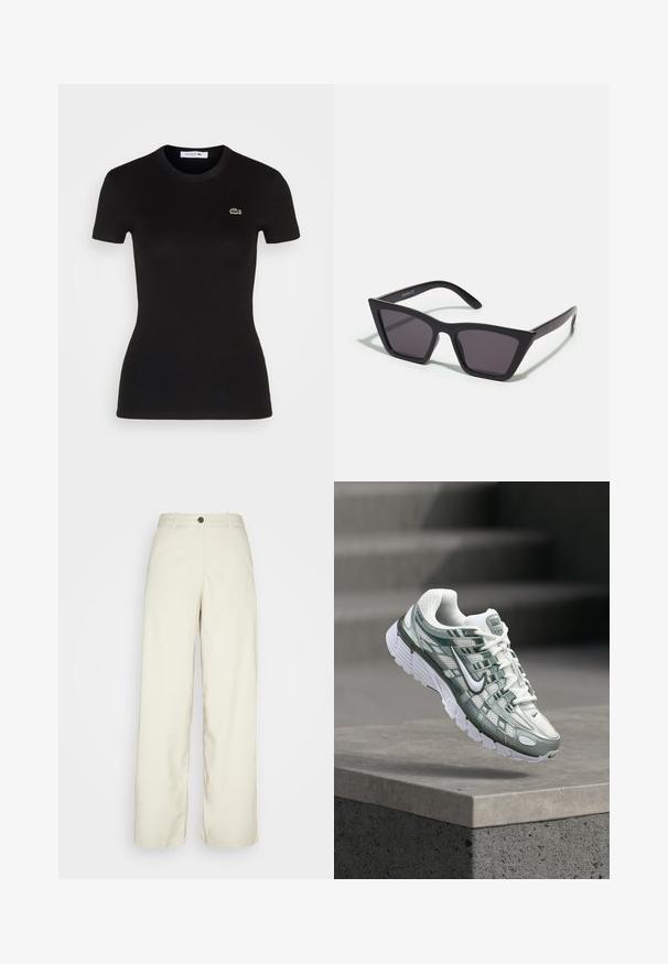 Čierne rebrované tričko s krátkym rukávom a okrúhlym výstrihom, s malým zeleným logom krokodíla Lacoste na ľavej hrudi.; Weekday ELIO - Nohavice - beige dusty light; Biela a sivá bežecká topánka Nike s tlmenou podrážkou, vznášajúca sa nad betónovým okrajom proti rozmazanému sivému pozadiu.; Čierne, ostré slnečné okuliare so sivými sklami; vyrobené z plastu, majú hrubé ramená s hladkým povrchom a bez viditeľnej mechaniky.