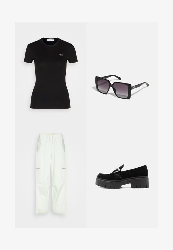 Čierne rebrované tričko s krátkym rukávom a okrúhlym výstrihom, s malým zeleným logom krokodíla Lacoste na ľavej hrudi.; Samsøe Samsøe CHI TROUSERS - Kapsáče - frosted mint; Čierny semišový mokasín s robustnou podrážkou, striebornou sponou a reliéfnym nápisom "HUGO" na bočnom remienku, zobrazený z vonkajšej strany.; Čierne slnečné okuliare v štvorcovom tvare so sivými gradientovými šošovkami. Lesklé rámy s čistými líniami. Strieborný logotyp ako akcent na nožičkách.