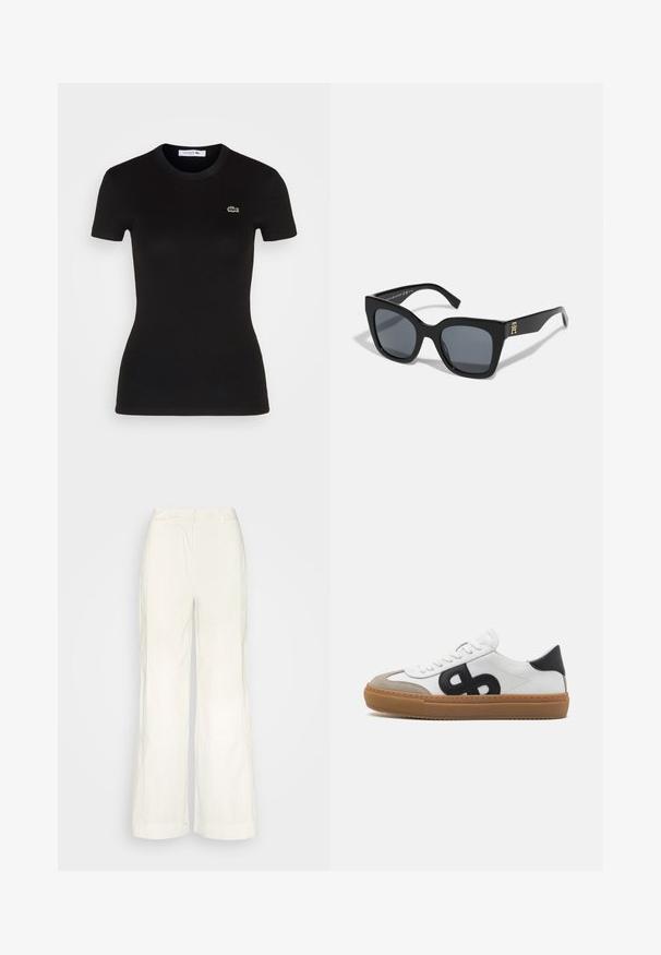 Must mustriba lühikeste varrukatega T-särk, ümarate kaelustega, millel on vasakul rinnal väike roheline Lacoste krokodilli logo.; Sofie Schnoor TROUSERS - Püksid - cream; Valge nahkne tennisek, millel on must logo, sametised aktsendid ja kummist tallad. Omab lamedaid valgeid paelu ja ümarat varvast.; Mustad mustad, julgete kujuga, tumedate läätsedega ja kuldse logo aktsendiga ühel käel. Valmistatud läikivast plastmaterjalist.