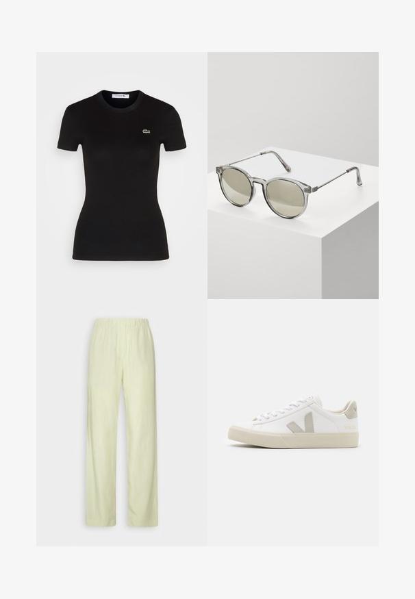 Schwarzes, geripptes T-Shirt mit kurzen Ärmeln und Rundhalsausschnitt, mit einem kleinen grünen Lacoste-Krokodil-Logo auf der linken Brust.; Samsøe Samsøe HOYS STRAIGHT PANTS - Stoffhose - aloe wash; Weiße Sneaker aus Leder mit grauen V-Logo-Akzenten, strukturiertem Gummiabsatz, weißen Schnürsenkeln sowie gepolstertem Zungen- und Knöchelbereich.; Runde Sonnenbrillen mit transparenten grauen Fassungen und grau getönten Gläsern. Metallakzente an den Bügeln und gebogene Arme für Stabilität.