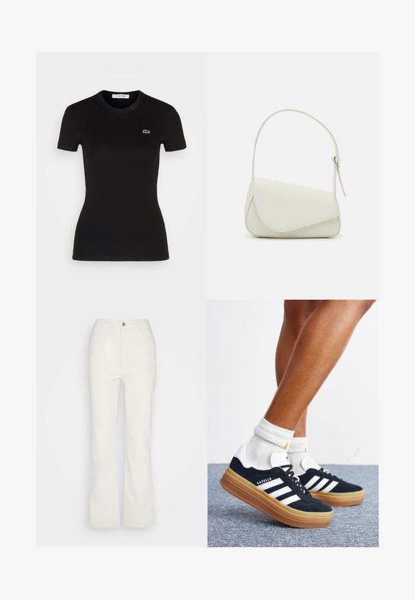 Must mustriba lühikeste varrukatega T-särk, ümarate kaelustega, millel on vasakul rinnal väike roheline Lacoste krokodilli logo.; Zign Studio Sirgete säärtega teksad - off white; Jalad valgete sokkide ja mustade Adidas Gazelle tossudega, millel on valged triibud ja paksud pruunid tallad, halli vaibaga põrandal.; Valge kunstnahast käekott, millel on struktureeritud kolmnurkne kuju, üks reguleeritav rihm ja kõverjooneline klapp.
