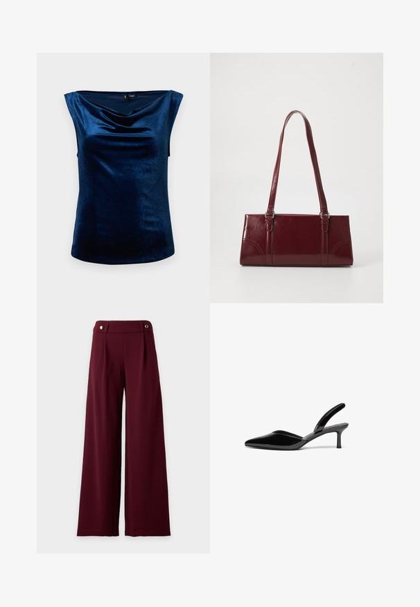 Top sans manches bleu marine réalisé en tissu doux et brillant, avec un col drapé et une silhouette ajustée, texture lisse et ourlet arrondi.; Pantalon à jambes larges et taille haute en tissu bordeaux foncé avec une ceinture ajustée ornée de deux boutons dorés.; Escarpins à talon aiguille en cuir verni noir, avec un bout pointu, un talon aiguille bas et un design élégant et simple sans embellissements.; Sac à main bordeaux en matériau brillant, de forme rectangulaire, avec deux anses et des accents légèrement courbés à l'avant.
