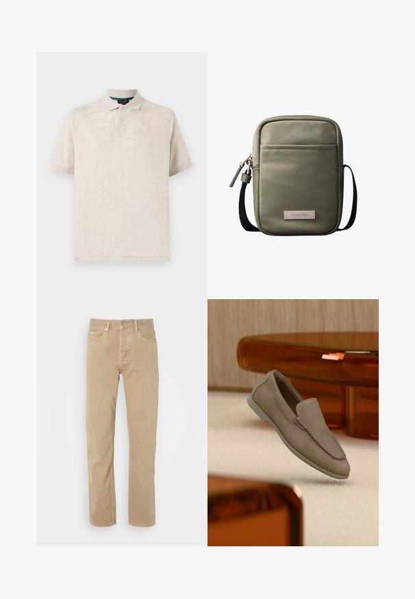 Polo beige hecho de una tela texturizada que presenta un sutil patrón de hojas de palma. Tiene un cuello clásico y dos botones en el cuello.; Pantalones de algodón beige con un diseño de pierna recta, que cuentan con bolsillos frontales, cierre de botón y detalles de costura sutiles a lo largo de las costuras.; Mocasín beige de ante sin cordones con costuras visibles y suela clara, posicionado sobre una alfombra color crema, con un mueble translúcido naranja en el fondo.; Bolso bandolera compacto verde oliva con bolsillo frontal, correa negra ajustable, cierre de cremallera y placa con el logo de Calvin Klein.