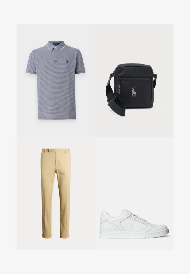 Marineblauwe en witte gestreepte polo met korte mouwen, kraag en een klein logo op de borst. Katoenen stof met een gladde textuur.; Beige op maat gemaakte herenbroek met riemlussen en omgeslagen pijpen, getoond tegen een effen lichte achtergrond.; Witte leren sneaker met een gladde textuur, voorzien van een geperforeerde neus, vetersluiting en geborduurde logo aan de zijkant. Witte rubberen zool.; Kleine zwarte crossbodytas met voorvak met rits, verstelbare riem en geborduurd logo van een polospeler te paard.